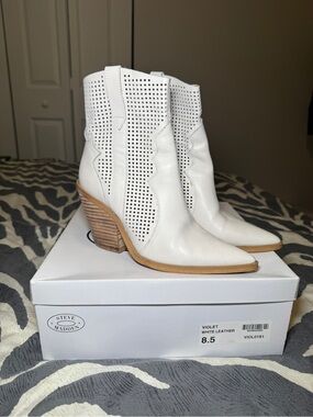 Steve Madden White Perforated Leather Western Ankle Booties